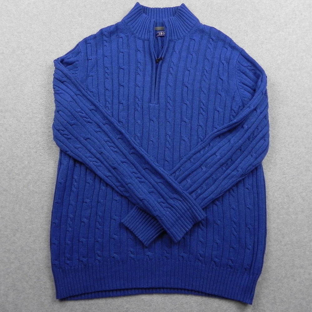 IZOD Sweater Mens Large 1/4 Zip Pullover Cable Knit Mock Neck Blue Long Sleeve